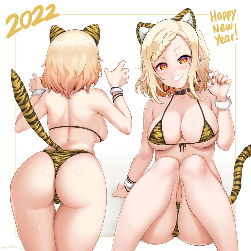 1girls 2022 animal_ears animal_print areola_slip armpit_crease ass back backboob bangle bare_back bare_shoulders belt_collar bikini blonde_hair bracelet braid braided_bangs breasts brown_collar cat_ears cat_tail catgirl chinese_zodiac claw_pose cleavage collar collarbone cowboy_shot earrings facial_mark facing_away fake_animal_ears fake_tail fang feet_out_of_frame fingernails from_behind front-tie_bikini_top front-tie_top glint gradient_background grey_background grin halterneck hand_up hands_up happy_new_year heart heart_facial_mark hi_res high_resolution highres jewelry knees_together_feet_apart knees_up large_breasts light-skinned_female light_blush light_skin looking_at_viewer love_live! love_live!_nijigasaki_high_school_idol_club love_live!_school_idol_festival love_live!_school_idol_festival_all_stars median_furrow medium_hair micro_bikini miyashita_ai multicolored_nails multiple_views nail_art new_year orange_eyes outside_border pale-skinned_female pale_skin print_bikini purple_nails shoulder_blades sidelocks single_braid sitting smile standing string_bikini swimsuit tail thigh_gap tiger_ears tiger_print tiger_tail underboob unsfrau v-shaped_eyebrows white_background wristband year_of_the_tiger yellow_nails