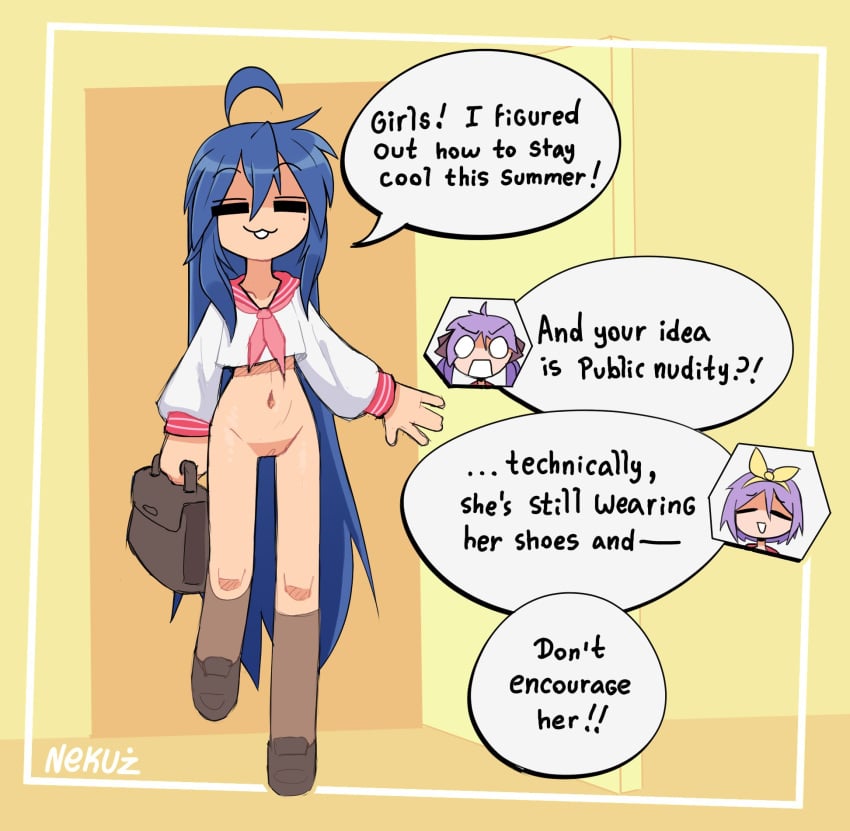 3girls artist_name blue_hair bottomless bottomless_female casual clothing crop_top english_text eyebrows_visible_through_hair female female_only group human kagami_hiiragi konata_izumi light-skinned_female light_skin lucky_star mole mole_under_eye multiple_girls navel nekuzx nonsexual nonsexual_nudity pale_skin public public_exposure public_indecency public_nudity purple_hair pussy school_uniform schoolgirl shoes short_hair solo_focus tagme text tsukasa_hiiragi very_long_hair