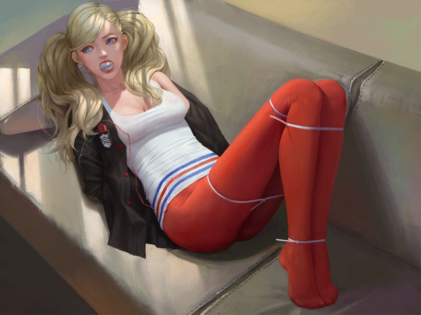 ann_takamaki arms_tied_behind_back blonde_hair blue_eyes bondage bound_ankles bound_legs gag gagged looking_at_viewer persona persona_5 restrained restrained_legs sock_gag tied tied_legs tied_up twintails xshentong zipties