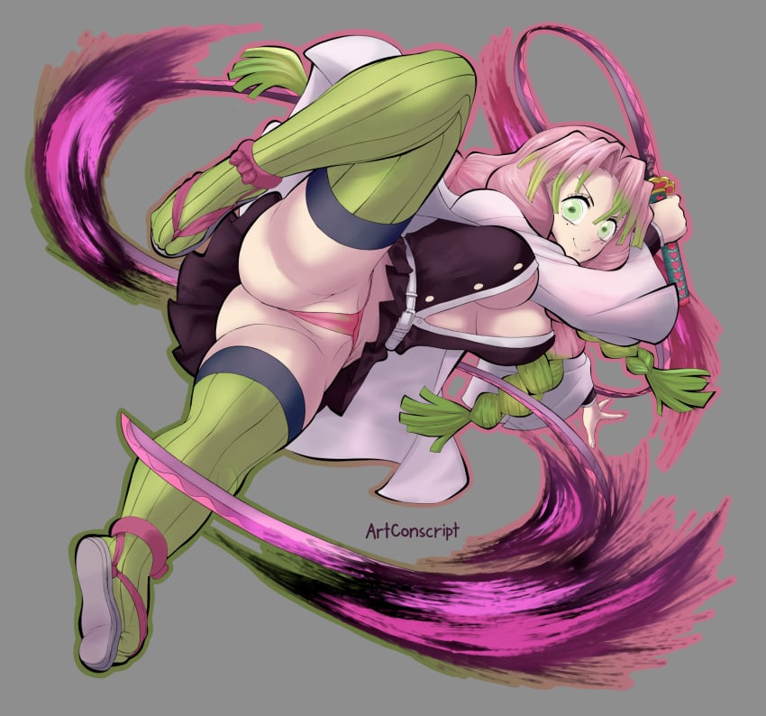 1girls action_pose alternate_version_available art_conscript artist_name belt big_breasts black_skirt breasts cleavage clothing demon_slayer female female_focus female_only green_eyes green_highlights green_thighhighs hair holding_object holding_weapon human human_focus human_only kanroji_mitsuri kimetsu_no_yaiba legwear mole mole_under_eye pantyshot pink_hair pink_thong pose posing short_skirt skirt smile solo solo_female sword thighhighs thighs thong weapon