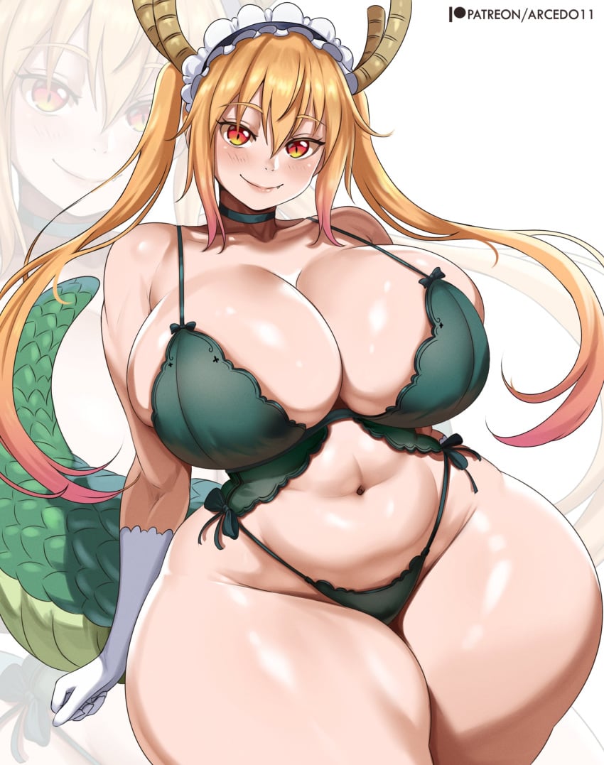 1girls 2d arcedo blonde_hair bra breasts breasts_bigger_than_head dragon_tail female female_only front_view horns huge_ass huge_breasts huge_butt kobayashi-san_chi_no_maidragon light-skinned_female light_skin lingerie looking_at_viewer maid_headdress miss_kobayashi's_dragon_maid panties solo solo_female tagme tail thick_thighs thighs tohru_(dragon_maid) twintails underwear white_background