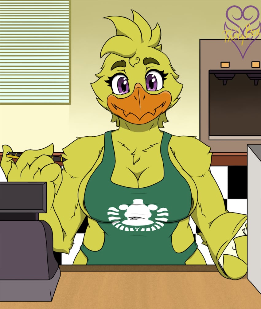 2021 4_fingers android animatronic anthro anthrofied apron apron_only avian beak belly big_breasts bird breasts chica_(fnaf) chicken clothing eyebrows eyelashes feathers female fingers five_nights_at_freddy's galliform gallus_(genus) half_naked hi_res holding_notebook holding_object holding_pen iced_latte_with_breast_milk lagomorph looking_at_viewer machine mammal meme mostly_nude nipples non-mammal_breasts nude orange_beak overweight overweight_anthro overweight_female pen phasianid purple_eyes robot smile solo thevgbear video_games wide_hips winged_arms wings yellow_body yellow_feathers yellow_nipples yellow_pubes