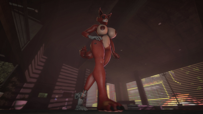 16:9 3d_(artwork) absurd_res animatronic anthro big_breasts breasts canid canine digital_media_(artwork) eye_patch eyewear female five_nights_at_freddy's fox foxy_(fnaf) gold97fox hi_res low-angle_view machine mammal robot rule_63 snarling solo source_filmmaker video_games widescreen window window_blinds worm's-eye_view