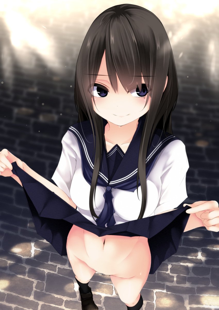 black_hair black_legwear blue_eyes blue_skirt breasts clothes_lift female female_pubic_hair fiesuke groin highres kneehighs lifted_by_self long_hair medium_breasts navel no_panties original outdoors pubic_hair pussy school_uniform serafuku shirt short_sleeves skirt skirt_lift smile solo thighs white_shirt