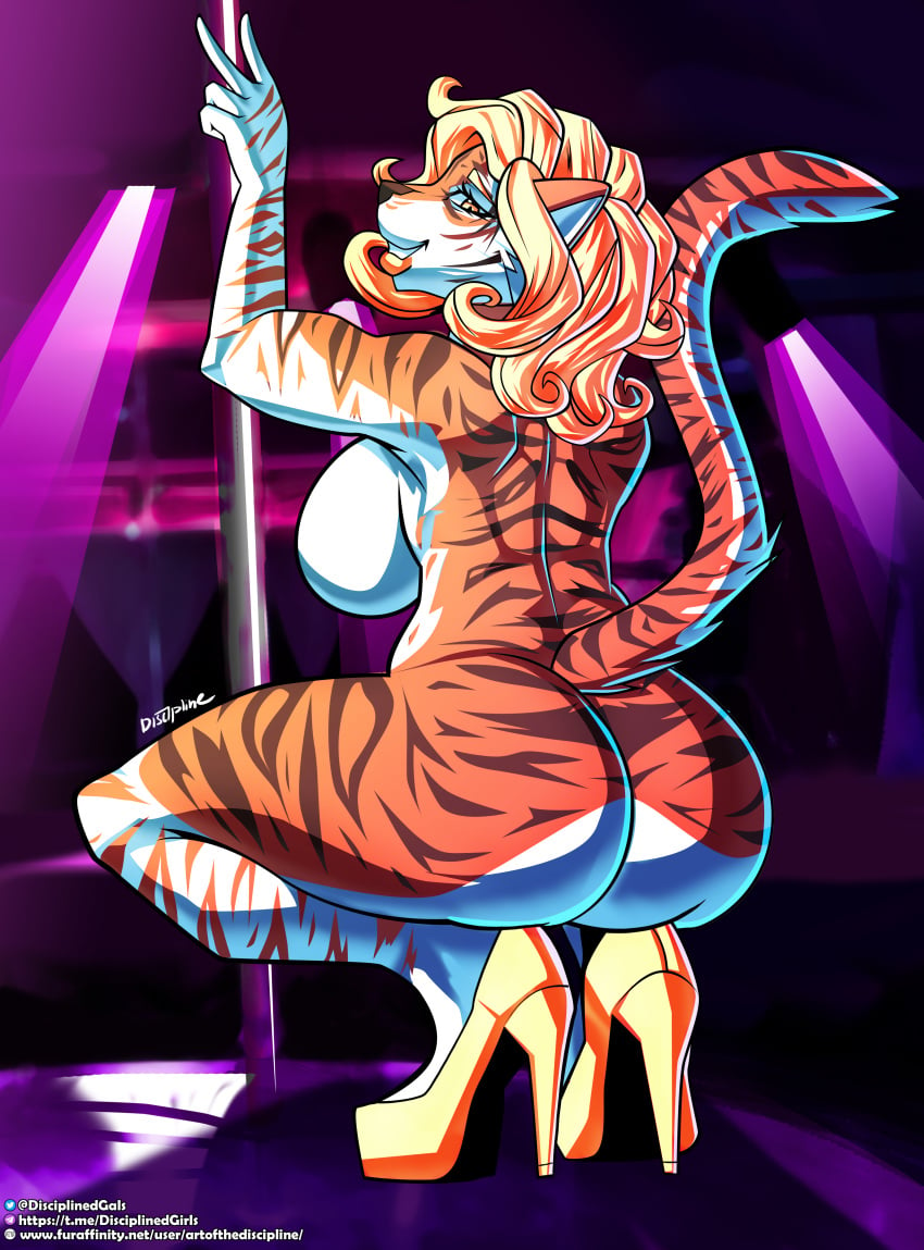 absurd_res anthro artofthediscipline ass big_breasts big_butt breasts crouching dancing felid female hi_res high_heels huge_butt mammal nightclub pantherine pole pole_dancing raised_tail rear_view smile solo tiger