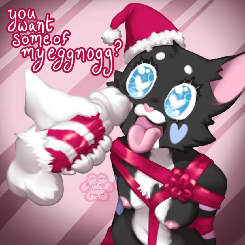 <3_eyes 1boy 1girls anthro blue_eyes bondage christmas disembodied_hand disembodied_penis domestic_cat english_text feline furry male penis raen_(oc) raenbowcat ribbon ribboned_body ribbons santa_costume small_breasts text tied_up tongue tongue_out