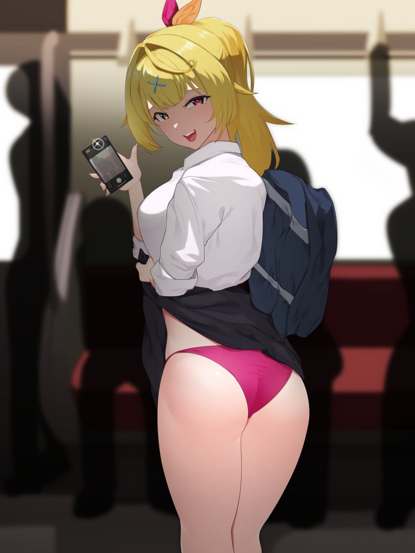 absurdres ass bag bangs black_skirt blonde_female blonde_hair cellphone clothes_lift collared_shirt dress_shirt eyebrows_visible_through_hair female from_behind gyaru hair_intakes hair_ornament heterochromia highres hoshikawa_sara lifted_by_self long_hair long_sleeves looking_at_viewer nijisanji open_mouth osyake_illust panties phone ponytail purple_eyes purple_panties school_bag school_uniform shirt skirt skirt_lift sleeves_folded_up smartphone smile smug solo_focus thighs train_interior underwear virtual_youtuber white_shirt x_hair_ornament yellow_eyes