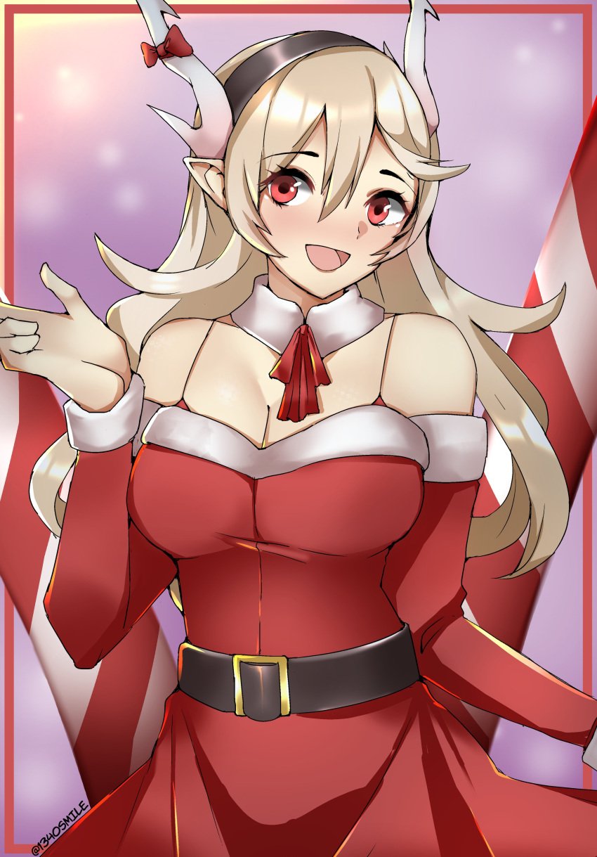 1340smile 1girls alternate_costume blonde_hair breasts christmas christmas_outfit cleavage corrin_(fire_emblem) corrin_(fire_emblem)_(female) female_only fire_emblem fire_emblem_fates hair_between_eyes hairband long_hair medium_breasts nintendo open_mouth red_eyes smile solo