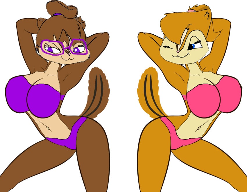 20th_century_fox 2girls akatsukishiranui-fox alluring alvin_and_the_chipmunks alvin_and_the_chipmunks_the_squeakquel anthro big_breasts bikini brittany_and_the_chipettes brittany_miller chipmunk edit female female_only gagala glasses jeanette_miller pin_up posing regency_enterprises silf sisters white_background