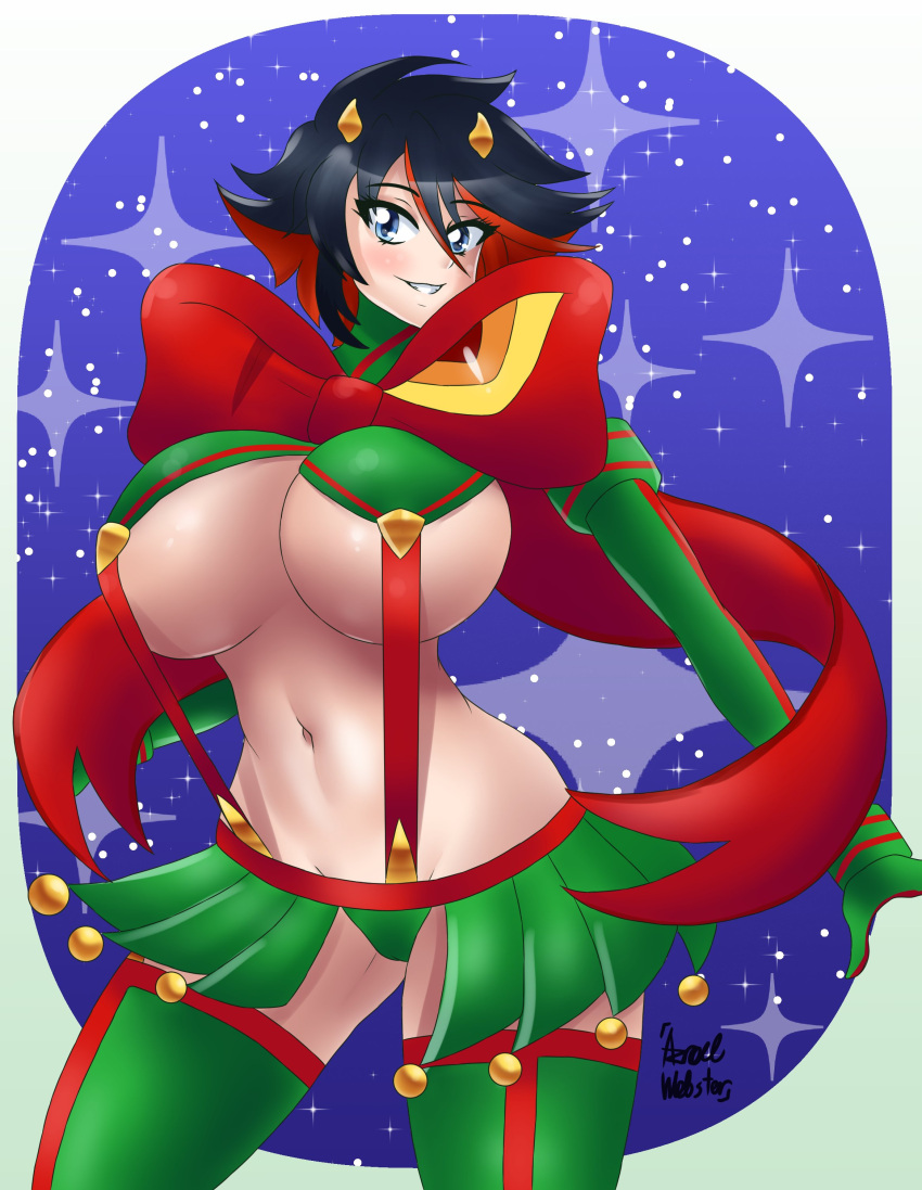 1girls artist_signature asymmetrical_hair azraelwebster big_breasts black_hair blue_eyes blush breasts christmas_outfit eyebrows_visible_through_hair eyelashes female female_only huge_breasts kamui_(kill_la_kill) kill_la_kill large_breasts matoi_ryuuko multicolored_hair red_hair senketsu short_hair smile solo solo_female standing streaked_hair tagme two_tone_hair