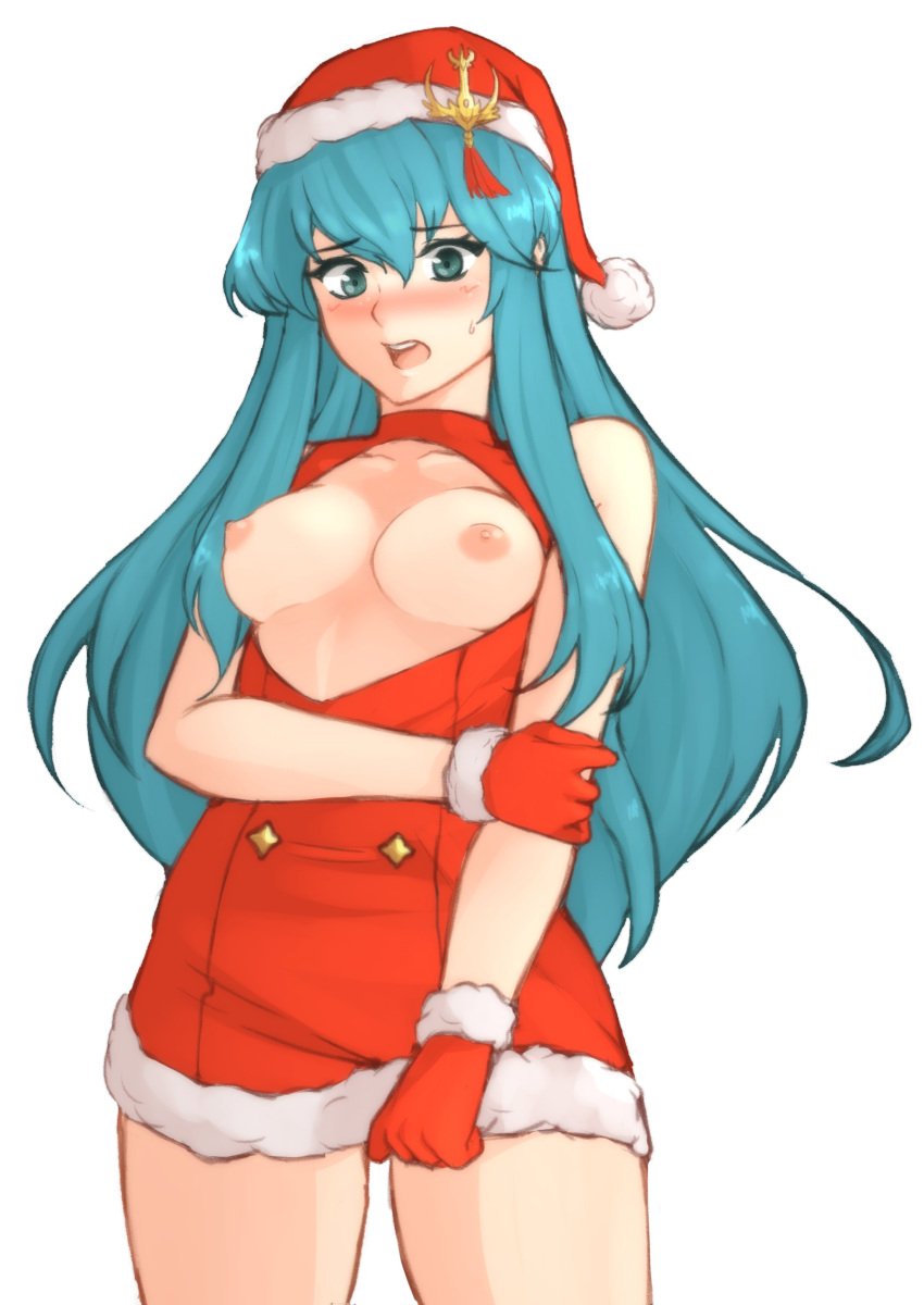 1girls absurdres alternate_costume aqua_hair bare_shoulders blue_eyes blush breasts breasts_out christmas christmas_outfit cleavage_cutout clothing_cutout collarbone dress eirika_(fire_emblem) eirika_(winter)_(fire_emblem) embarrassed female female_only fire_emblem fire_emblem:_the_sacred_stones fire_emblem_heroes full-face_blush fur_trim gloves hat highres long_hair medium_breasts more_at_source nintendo nipples official_alternate_costume open_mouth red_gloves santa_costume santa_hat simple_background solo source_larger sweatdrop teeth tridisart white_background