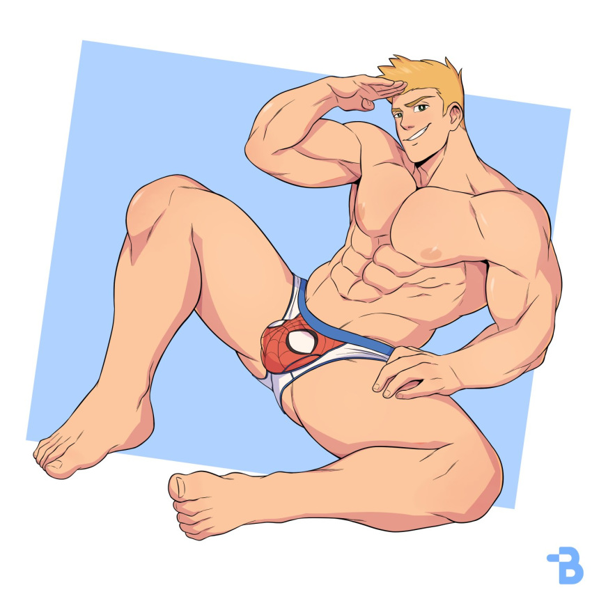 1boy abs blonde_hair bulge flash_thompson grin looking_at_viewer male male_only marvel muscular muscular_male nipples pectorals smile solo spider-man_(series) underwear underwear_only vitamin_bara vitaminbara