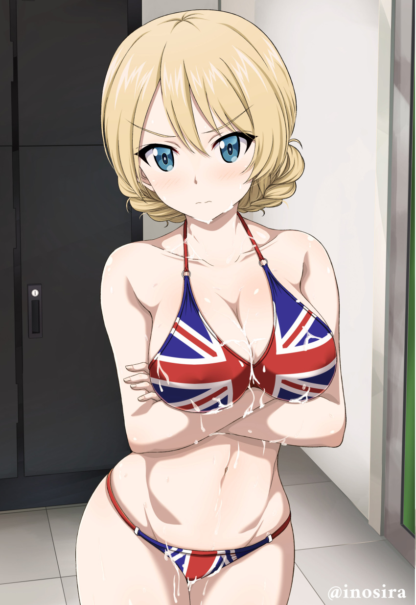 arms_under_breasts big_breasts bikini blonde_hair blue_eyes blush british_female cleavage collarbone cum_on_breasts cum_on_face cum_on_lower_body darjeeling england english female female_only flag_bikini front_view girls_und_panzer inoshira looking_at_viewer national_personification union_jack union_jack_bikini