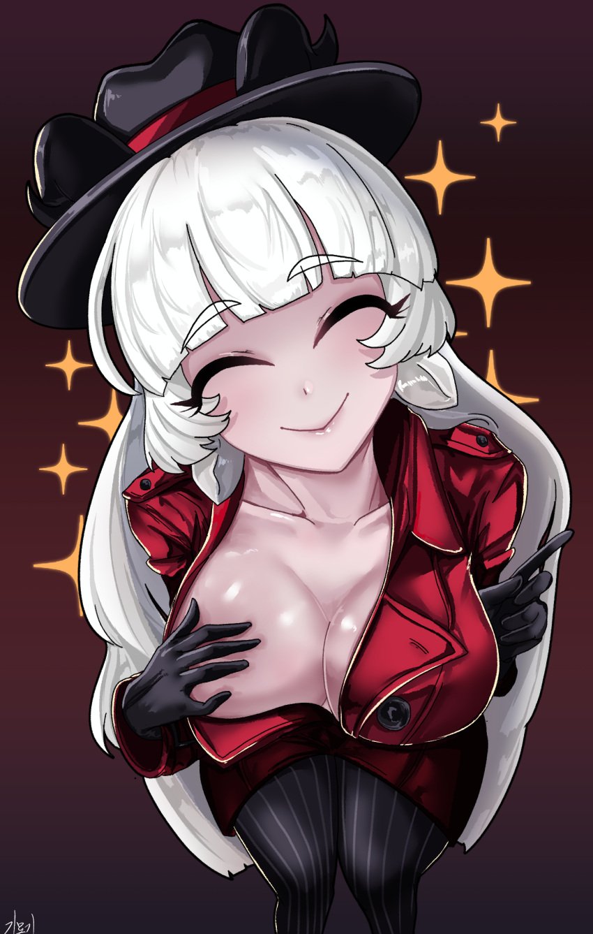 baphomet_(grizz) cleavage closed_eyes demon_girl fan_character fedora flashing goat_horns helltaker large_breasts smile smiling_at_viewer white_hair