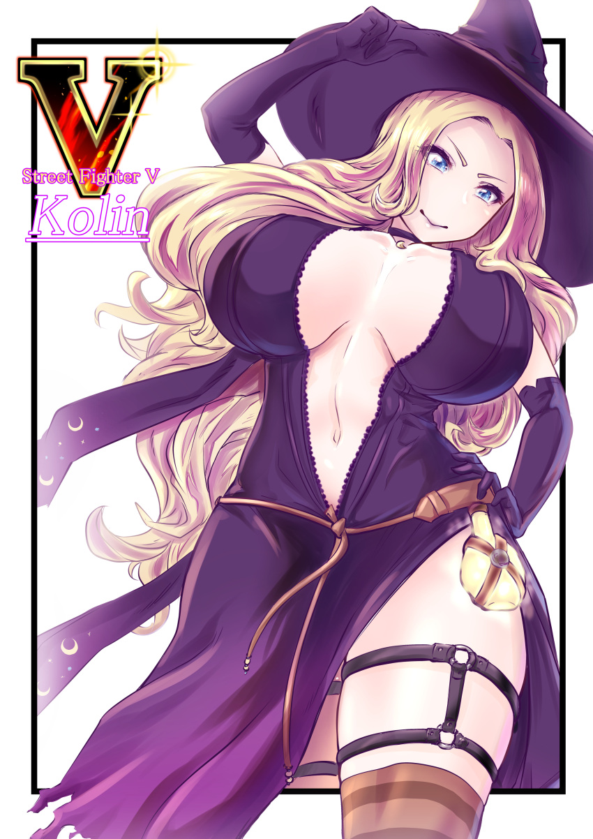 1girls alternate_costume black_dress black_gloves black_lips blonde_hair blue_eyes breasts bro.you-yan cape character_name choker cleavage crescent dress elbow_gloves english_text eyebrows eyelashes gloves halloween_costume hat huge_breasts kolin_(street_fighter) legwear lips long_hair potion solo standing street_fighter street_fighter_v striped striped_legwear thick_thighs thigh_strap thighhighs thighs tight_clothing tight_dress tight_fit wavy_hair wide_hips witch_hat zettai_ryouiki