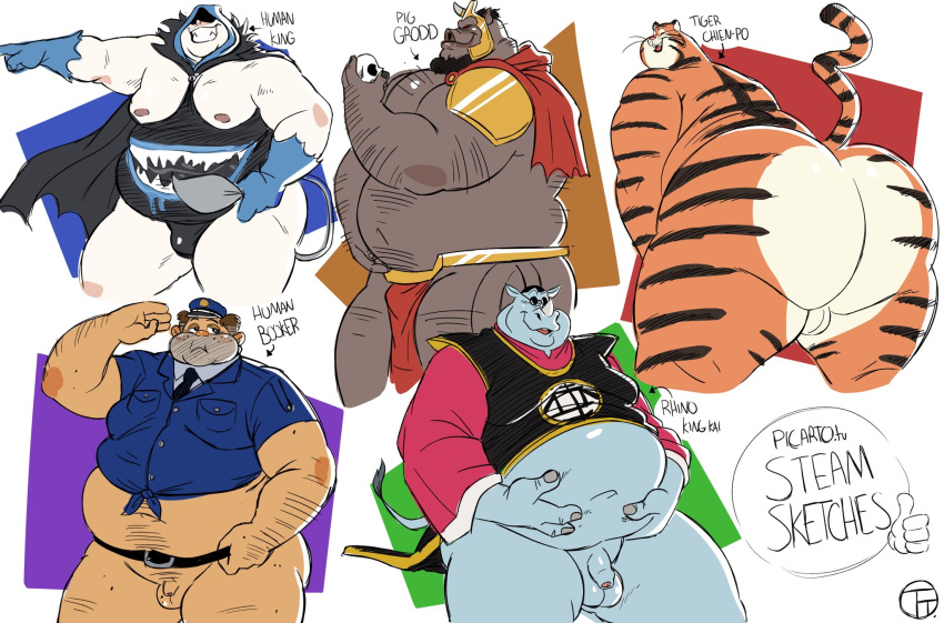 2021 animal_crossing anthro ass balls barazoku belly belt body_hair bone booker_(animal_crossing) bottomless bottomless_male bulge cape chien_po clothed clothing dc_comics deltarune disney domestic_pig dragon_ball dragon_ball_z english_text felid flaccid genitals gloves gold_(metal) gold_jewelry gorilla_grodd group handwear hi_res human humanoid jewelry king_kai king_spade male male_only mammal moobs mulan nintendo nipples north_kaiou nude nude_male overweight overweight_anthro overweight_human overweight_male paint pale_skin pantherine partially_clothed penis police_uniform pose presenting presenting_hindquarters rhinocerotoid signature skimpy skull smile suid suina superchub sus_(pig) text tiger transformation trashtoonz undertale_(series) uniform video_games watermark white_background