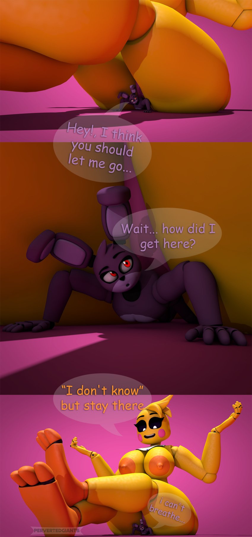 3d 3d_(artwork) absurd_res anthro ass bonnie_(fnaf) breasts digital_media_(artwork) female five_nights_at_freddy's five_nights_at_freddy's_2 giantess hi_res macro pervertedgiants size_difference toy_chica_(fnaf) video_games