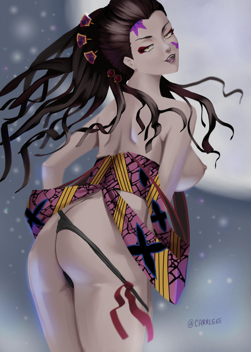 1girls big_ass black_hair black_panties bubble_butt butt chrrleee daki_(kimetsu_no_yaiba) demon_girl demon_slayer facial_markings fangs female female_only hair_ornament kimetsu_no_yaiba long_hair looking_at_viewer looking_back makeup obi panties panty_pull side-tie_panties sideboob solo topless