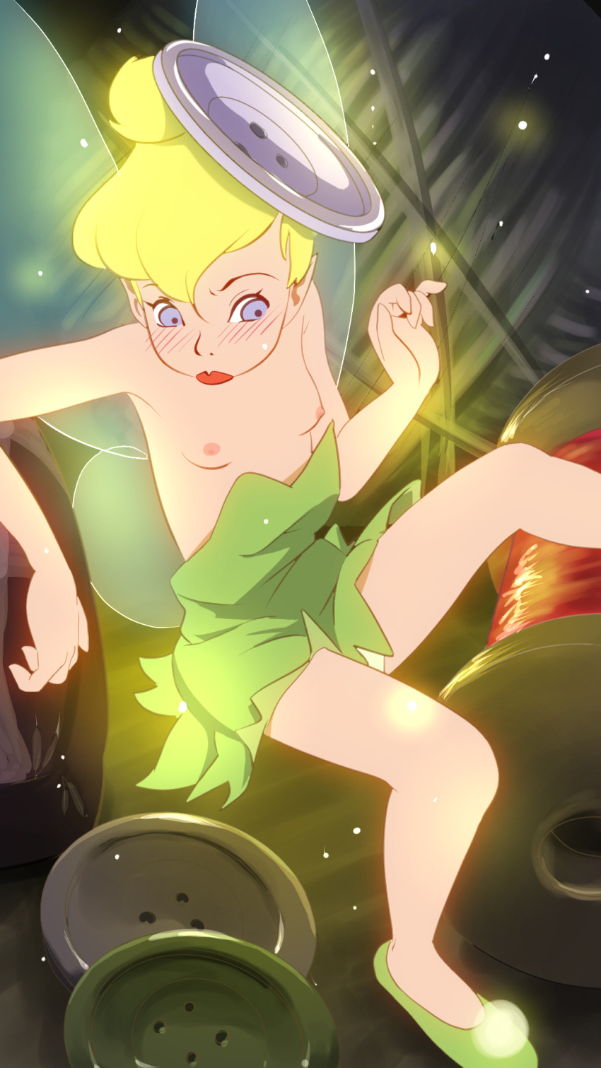 arumajiro blonde_hair blue_eyes blush button disney disney_fairies exposed_breasts fairy fairy_wings female green_dress nipples no_bra peter_pan_(disney) pixie_dust small_breasts solo tinker_bell wardrobe_malfunction wings