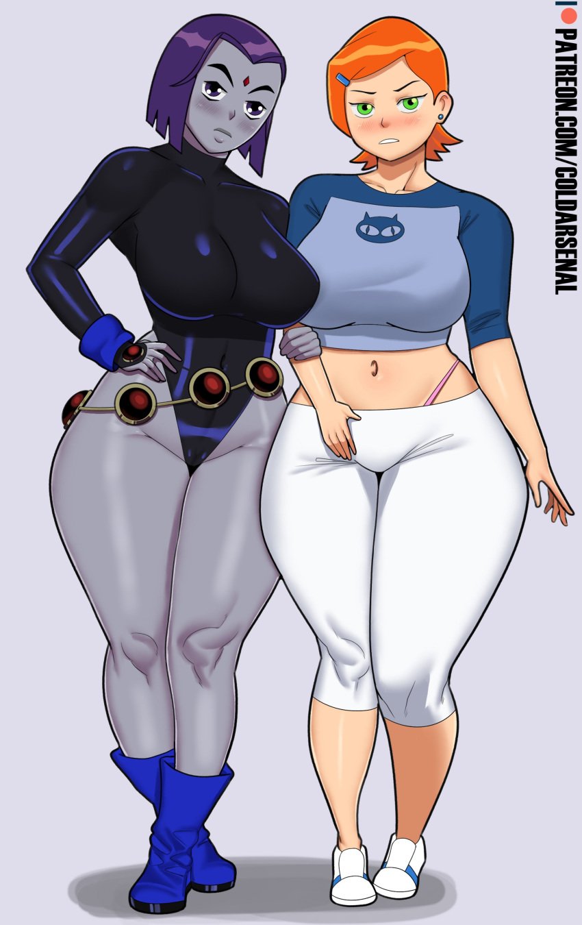 2girls aged_up alternate_breast_size belly_button ben_10 big_breasts black_leotard blush boots cartoon_network clothed clothed_female clothes clothing coldarsenal crossover curvaceous curvy curvy_figure dc dc_comics female female_only forehead_jewel fully_clothed green_eyes gwen_tennyson large_breasts leotard looking_at_viewer orange_hair original_gwen pants pink_thong purple_hair rachel_roth raven raven_(dc) redhead short_hair smooth_skin teen_titans thick thick_thighs thong voluptuous whale_tail wide_hips