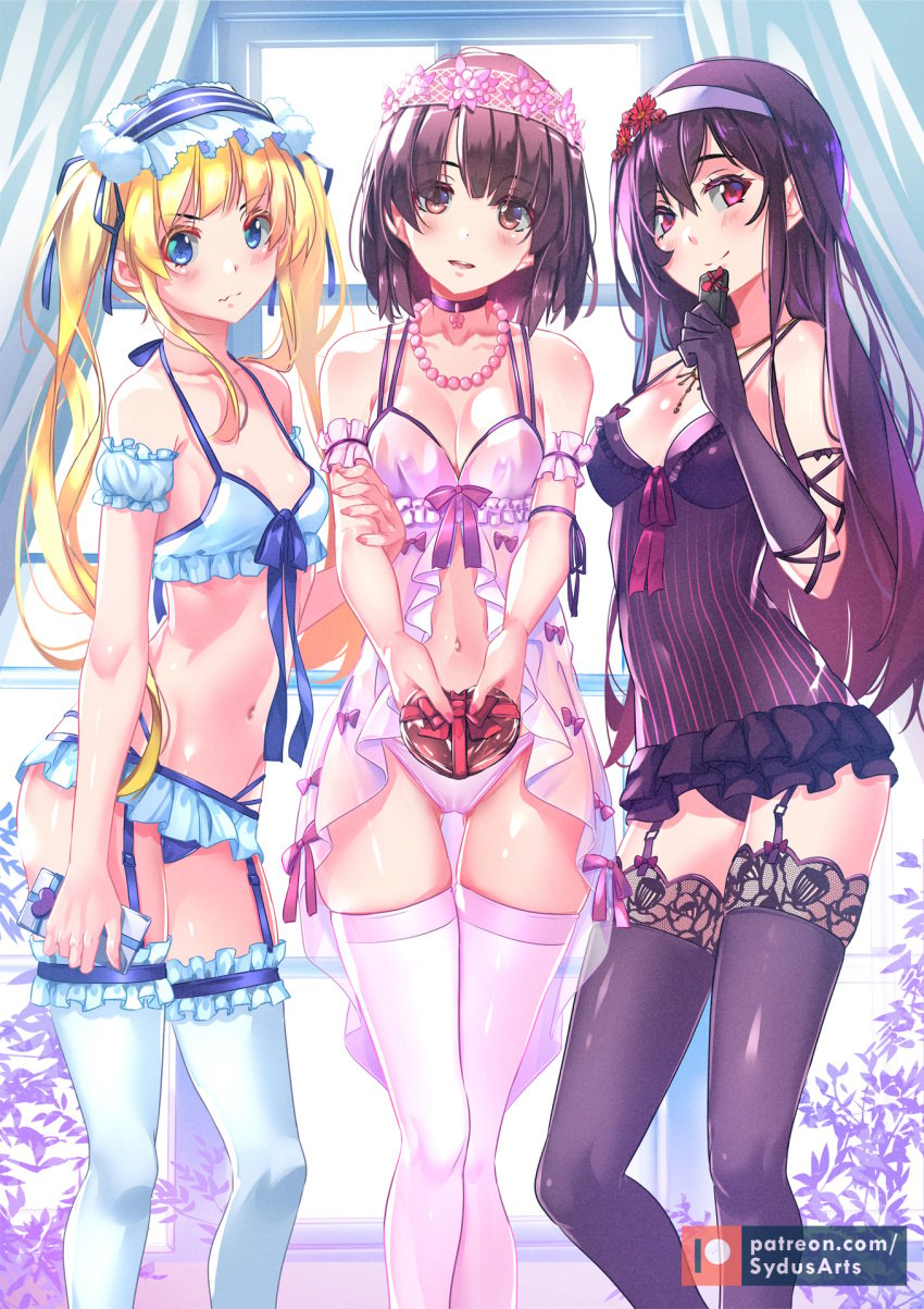 2d_(artwork) 3girls female_only kasumigaoka_utaha katou_megumi lingerie long_hair looking_at_viewer presenting saenai_heroine_no_sodatekata sawamura_spencer_eriri stockings sydus tagme thigh_gap valentine's_day