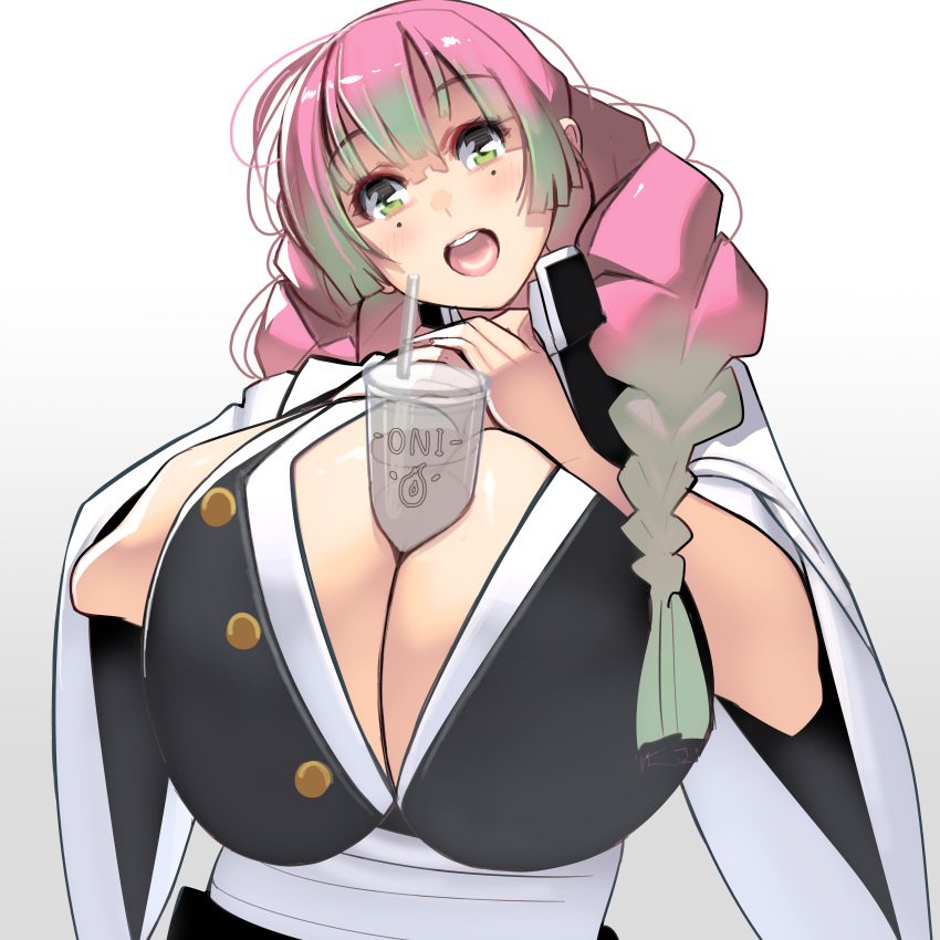 bangs big_breasts braided_hair breast_squish breasts bubble_tea_challenge cleavage demon_slayer female female_only green_eyes haori huge_breasts kanroji_mitsuri kimetsu_no_yaiba masao mole_under_eye no_bra object_between_breasts open_mouth open_shirt pink_hair smile solo two_tone_hair uniform upper_body