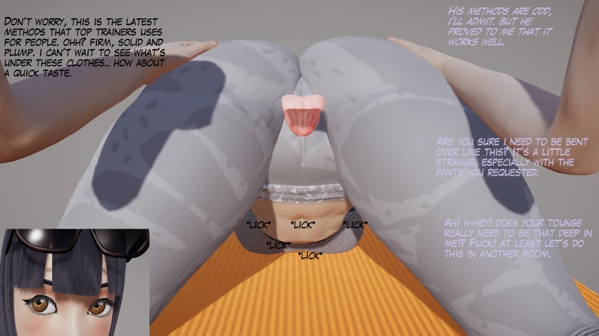 3d ass ass_focus big_ass cameltoe cunnilingus dialogue disney honey_select kingdom_hearts large_ass licking roseza skuld_(kingdom_hearts) square_enix text yoga_pants