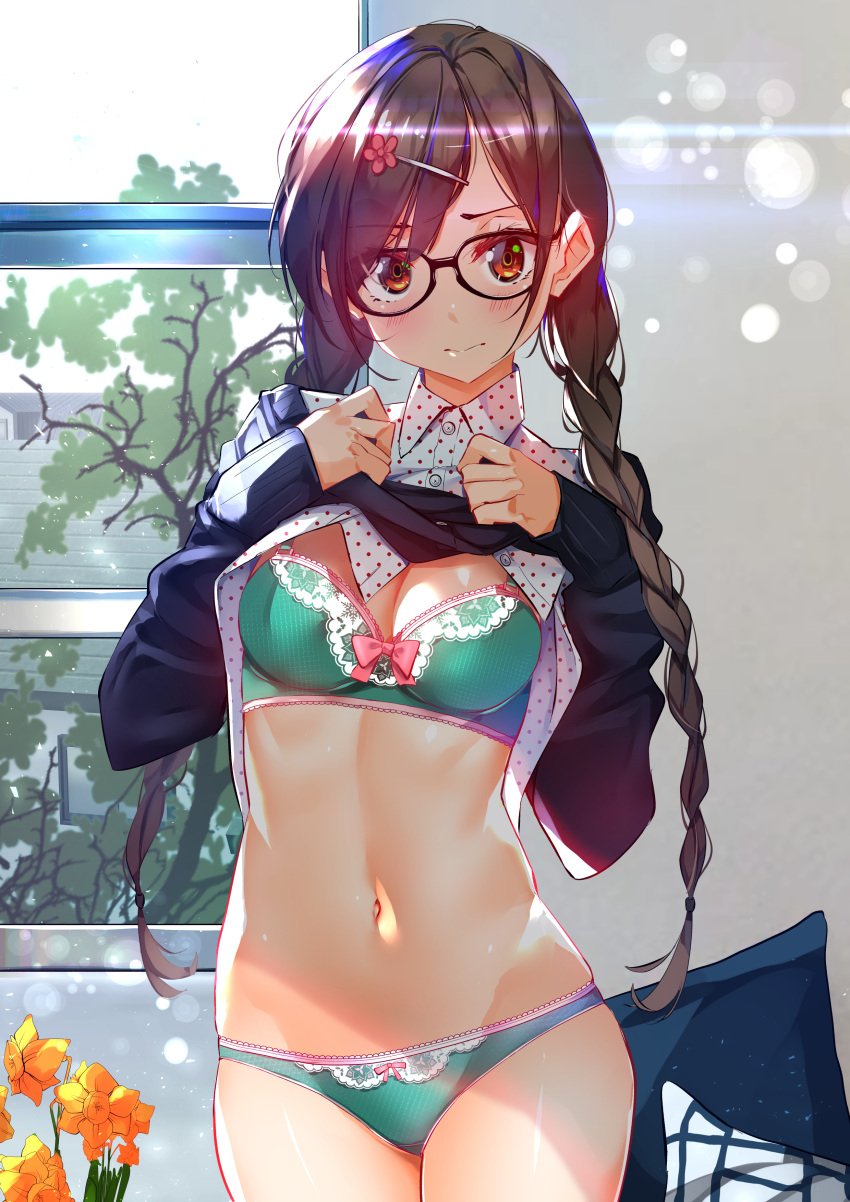 alternative_costume alternative_hairstyle black-framed_eyewear black_hair blush bra braid breasts brown_eyes brown_hair cleavage closed_mouth female flower flower_(symbol) flower_clip green_bra green_panties green_underwear hair_ornament hairclip high_resolution hips indoors kanojo_okarishimasu lifted_by_self lingerie long_hair looking_at_viewer medium_breasts megane midriff mizuhara_chizuru navel open_clothes open_shirt pantsu pillow polka_dot polka_dot_shirt presenting presenting_breasts red_eyes room shirt shirt_lift solo sunbeam sunlight sweater sweater_lift sydus tied_hair tree twin_braids underwear undressing very_high_resolution white_shirt window