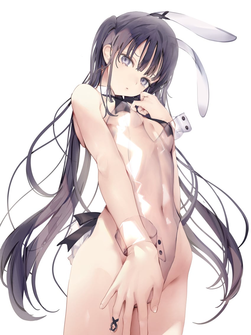 2d_(artwork) animal_ears black_hair breasts bunny_ears bunny_tail bunnysuit cowboy_shot crotch detached_collar fake_animal_ears female high_resolution long_hair looking_at_viewer navel opopowa see-through small_breasts standing tail thighs tied_hair transparent_clothes twintails very_high_resolution very_long_hair white_background wrist_cuffs