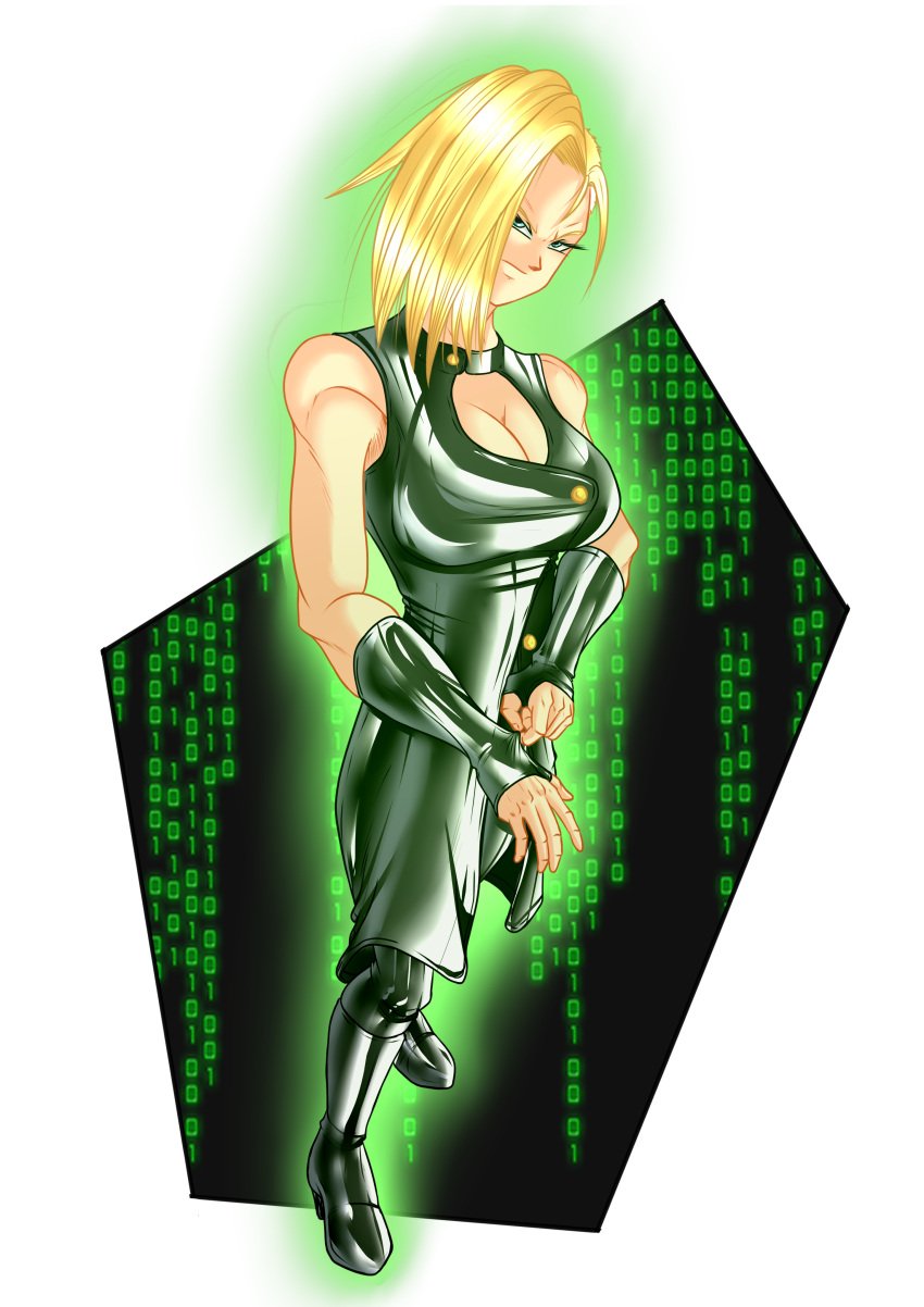 1girls android_18 beach blonde_hair blue_eyes boots cleavage curvy dragon_ball female female_only high_heel_boots high_heels huge_areolae huge_ass huge_breasts latex latex_clothing latex_gloves santaima_z short_hair solo sunset the_matrix thick_lips voluptuous wide_hips yellow_hair