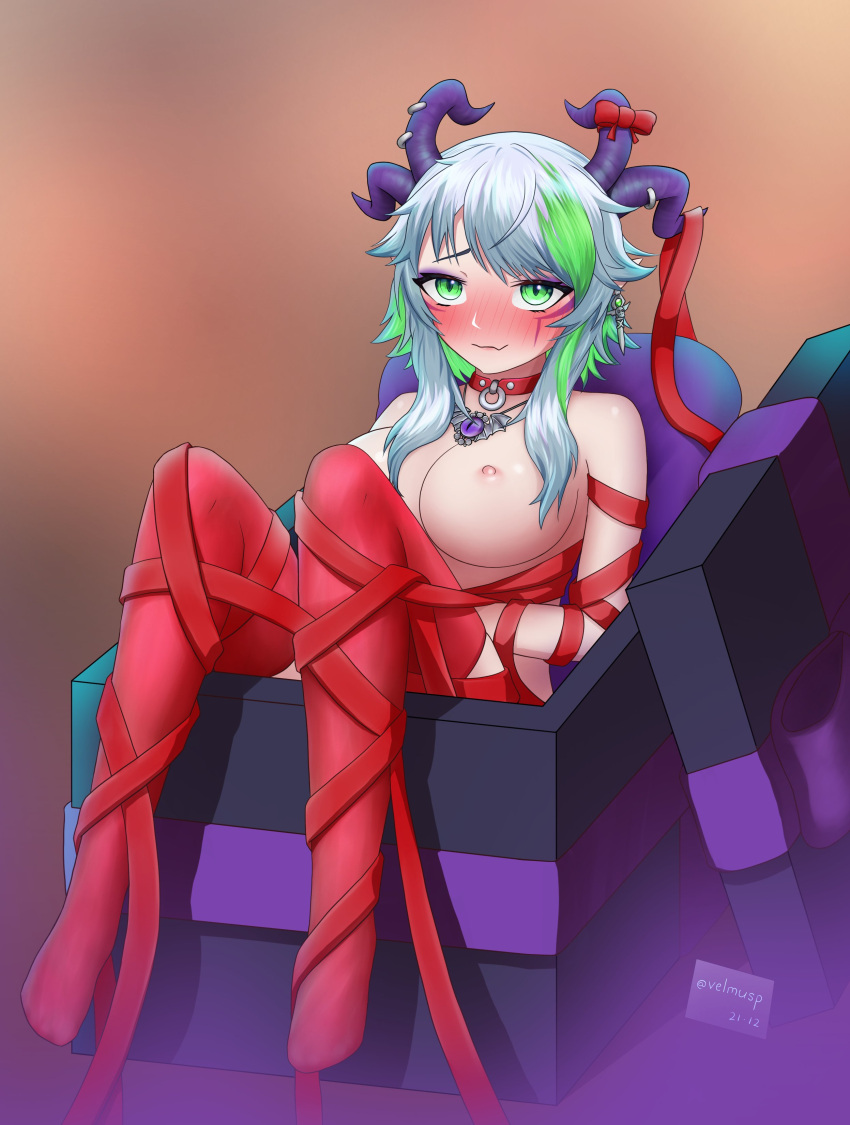 1girls 2d 2d_(artwork) areolae big_breasts blue_hair blush breasts christmas christmas_present collar ear_piercing female female_only froot green_eyes green_highlights horns lich light-skinned_female light_skin looking_at_viewer necklace nipples no_bra pale-skinned_female pale_skin pink_nipples pointy_ears ribbon ribboned_body ribbons solo thighhighs topless topless_female velmusp virtual_youtuber vshojo