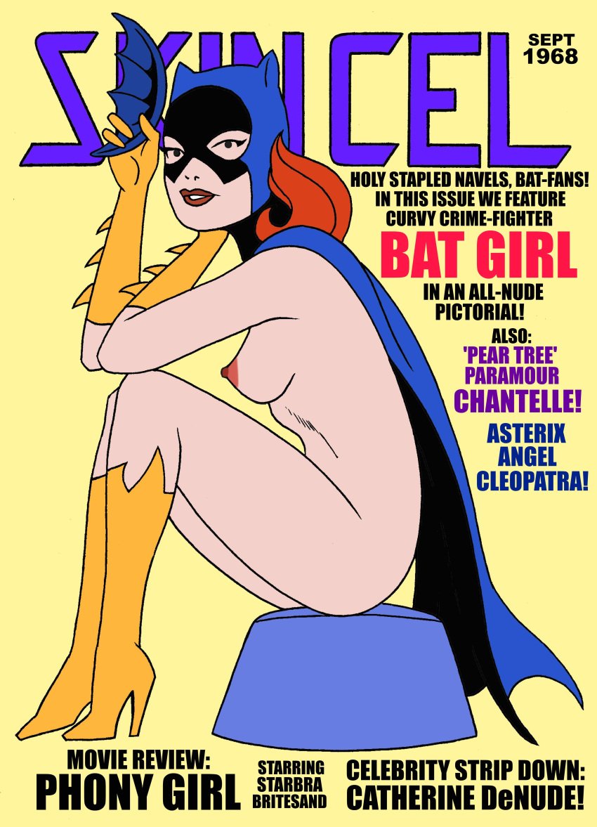 barbara_gordon batarang batgirl batman_(series) boots cape cape_only dc dc_comics english_text female gloves heel_boots heels mask nude red_hair sitting solo toonytease