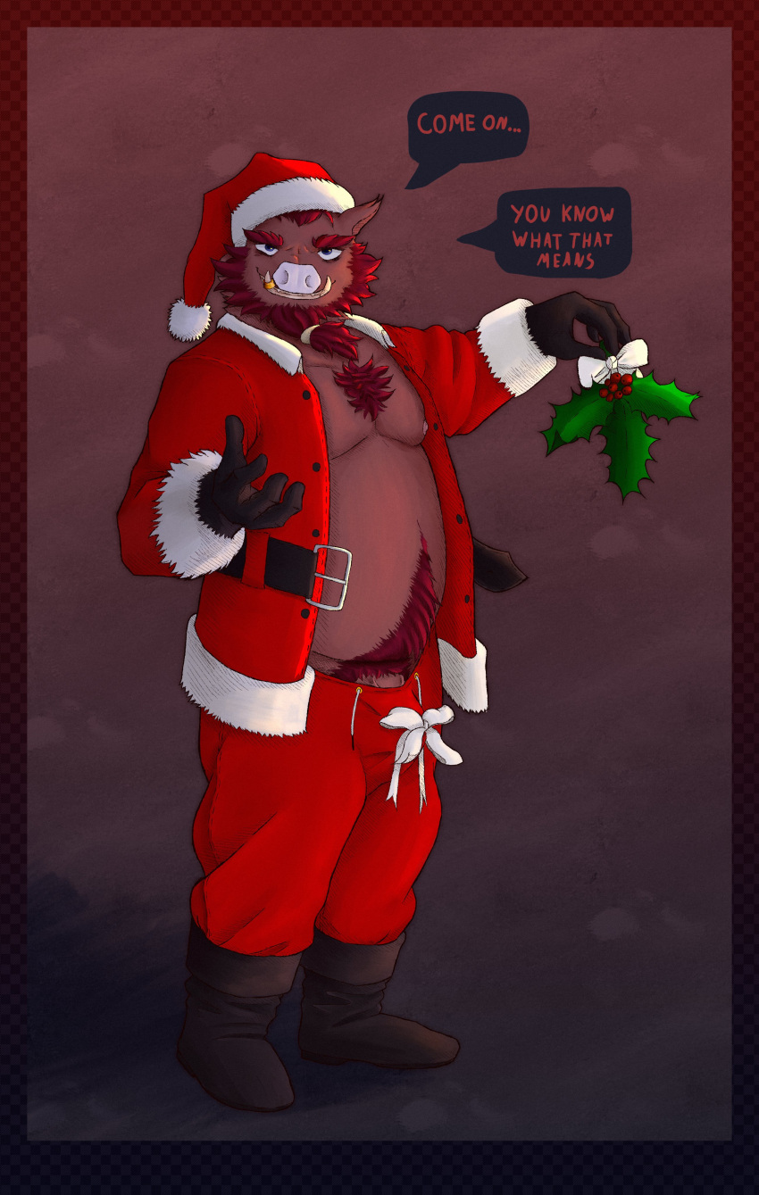 2021 absurd_res anthro beard belly bottomwear christmas christmas_clothing christmas_headwear clothing costume english_text facial_hair genitals hat headgear headwear hi_res holidays humanoid_genitalia humanoid_hands humanoid_penis male mammal moobs nipples oswin_(password) pants password_(visual_novel) penis santa_costume santa_hat slightly_chubby solo suid suina sus_(pig) szremna text video_games visual_novel wild_boar