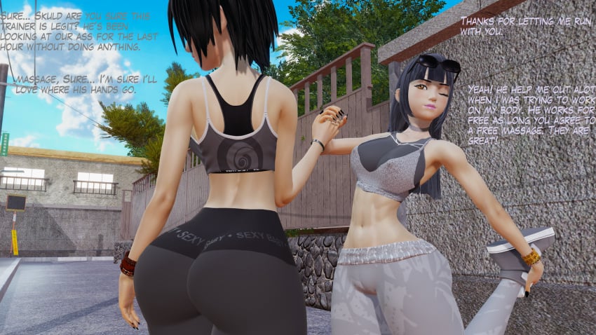 2girls 3d ass ass_focus big_ass cameltoe dialogue disney kingdom_hearts large_ass muscular_female nipple_bulge plump pokies roseza skuld_(kingdom_hearts) square_enix text tight_clothing xion yoga_pants