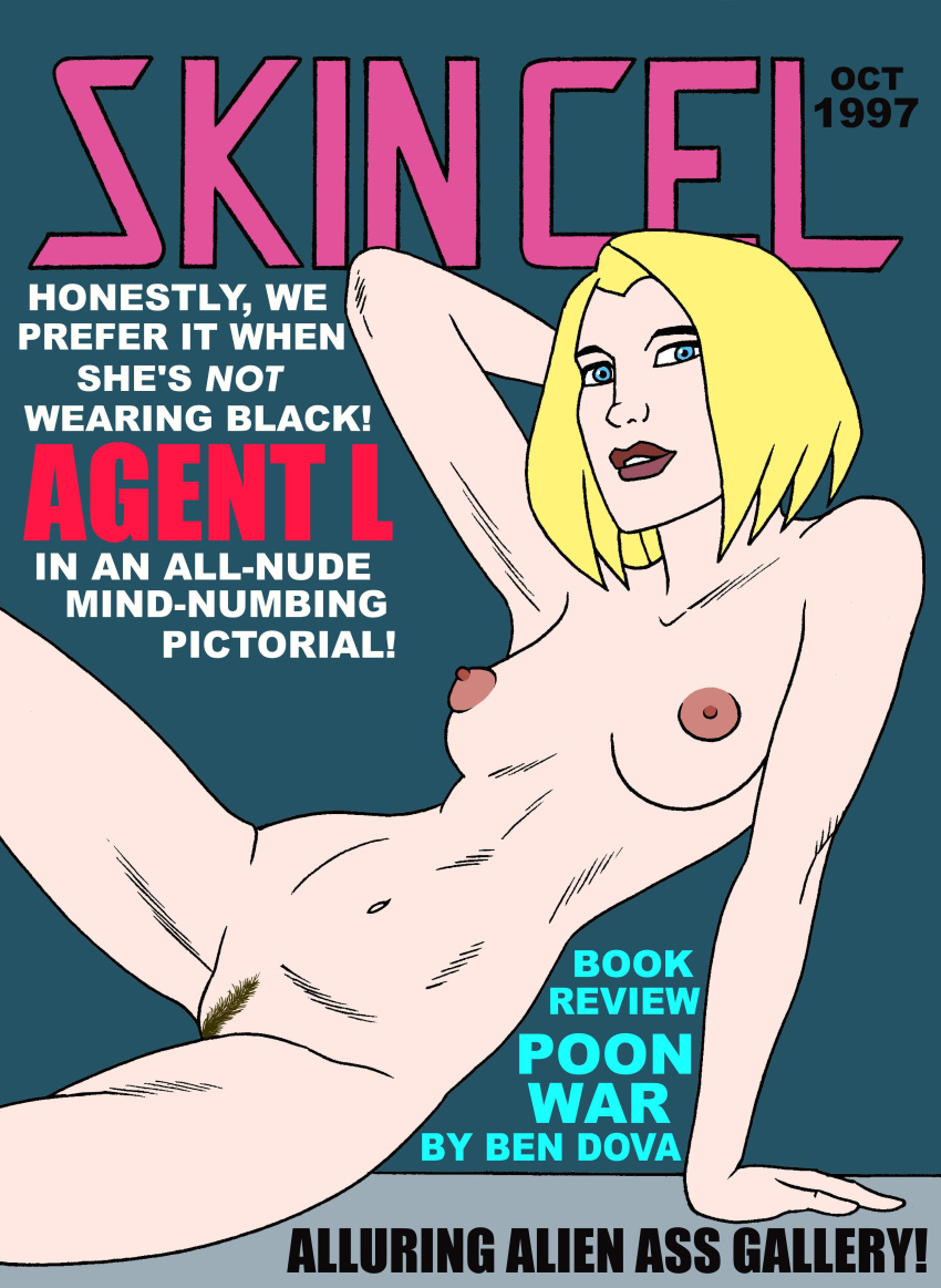 1girls agent_l armpits blonde_hair blue_eyes english_text female female_only hand_behind_head hourglass_figure laurel_weaver looking_at_viewer magazine_cover medium_breasts men_in_black navel nipples nude nude_female one_arm_up pinup pubic_hair raised_arm solo solo_female toonytease