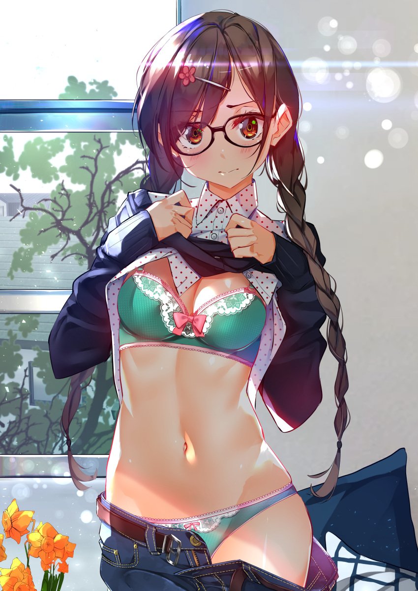 2d_(artwork) alternative_costume alternative_hairstyle black-framed_eyewear black_hair blush bra braid breasts brown_eyes brown_hair cleavage closed_mouth denim female flower flower_(symbol) flower_clip green_bra green_panties green_underwear hair_ornament hairclip high_resolution hips indoors jeans kanojo_okarishimasu large_filesize lifted_by_self lingerie long_hair looking_at_viewer medium_breasts megane midriff mizuhara_chizuru navel open_clothes open_pants open_shirt pants pantsu pillow polka_dot polka_dot_shirt presenting presenting_breasts red_eyes room shirt shirt_lift solo sunbeam sunlight sweater sweater_lift sydus tied_hair tree twin_braids unbuttoned underwear undressing very_high_resolution white_shirt window