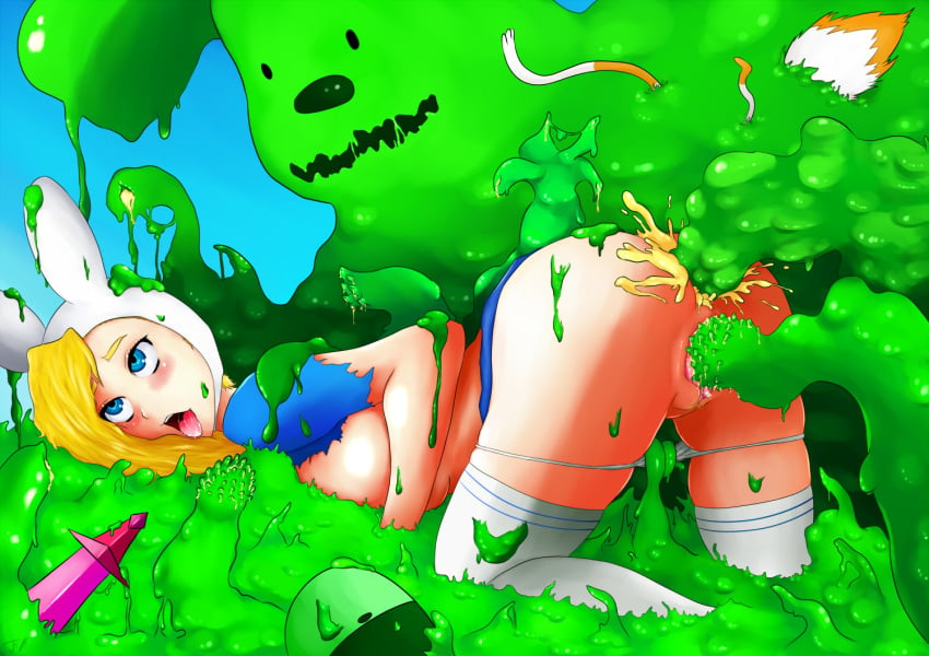 adventure_time ahe_gao all_fours anal animal_ears animal_hood backpack bag blonde_hair blue_eyes blush bunny_ears cake cum cum_in_ass cum_inside double_penetration fanibani female fionna_the_human_girl guardians_of_sunshine human hunny_bunny legwear monster open_mouth pale_skin panties panties_down pussy_juice rolling_eyes saliva slime slime_monster tentacle thighhighs tongue torn_clothes torn_shirt vaginal_penetration weapon white_legwear