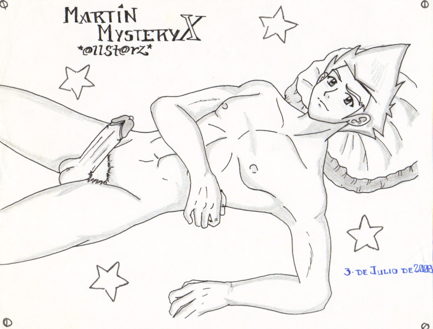 1boy abs cum erection gay looking_at_viewer lying_down male male_only martin_mystery martin_mystery_(character) naked nipples nude penis pillow precum pubic_hair smile traditional_media_(artwork)