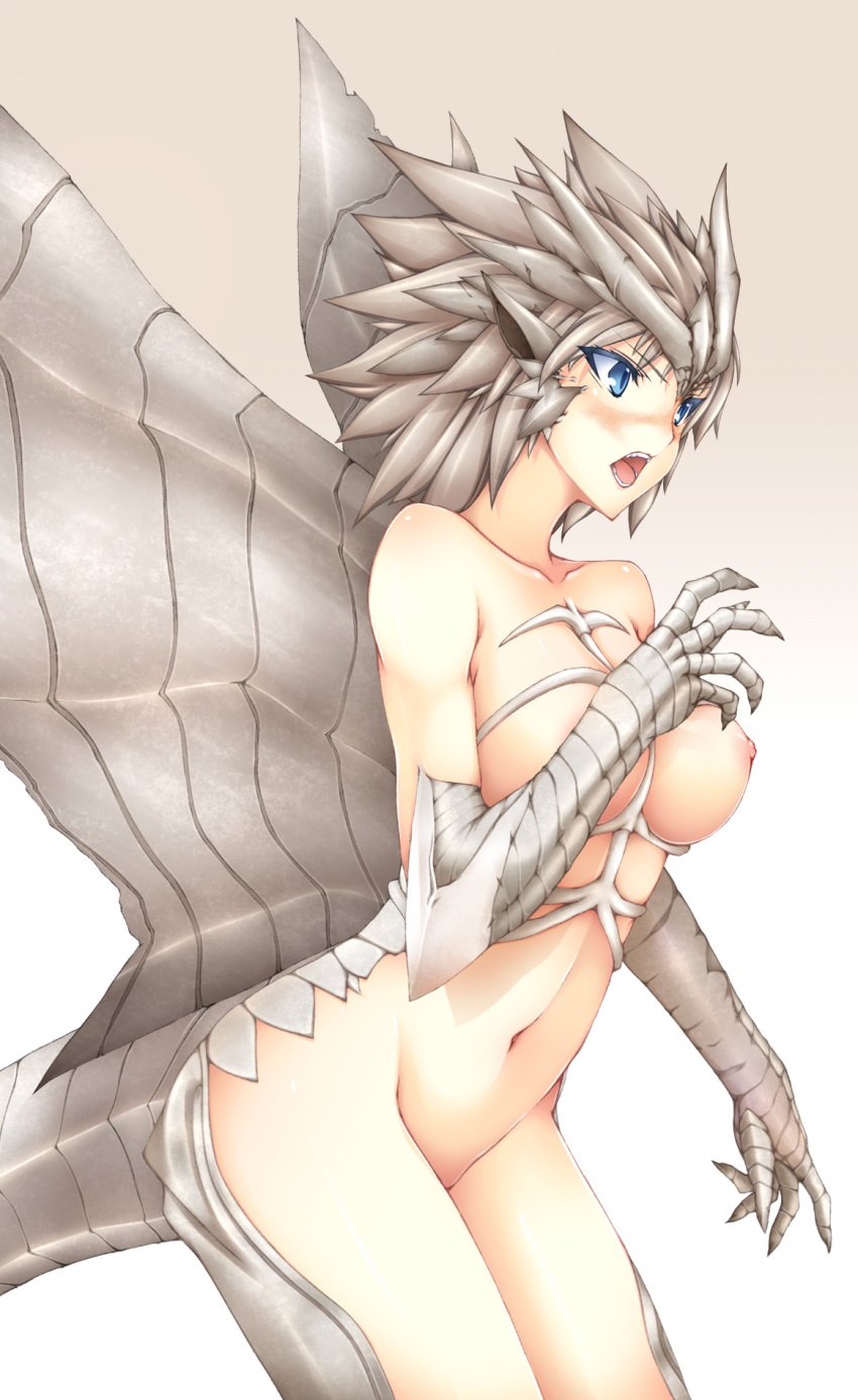 1girls 2010 blue_eyes blush bottomless breasts capcom elder_dragon female gijinka highres horns kushala_daora large_breasts midriff monster_girl monster_hunter monster_hunter_2 nipples nude personification pointy_chin pointy_ears short_hair silver_hair solo tail wings yui.h