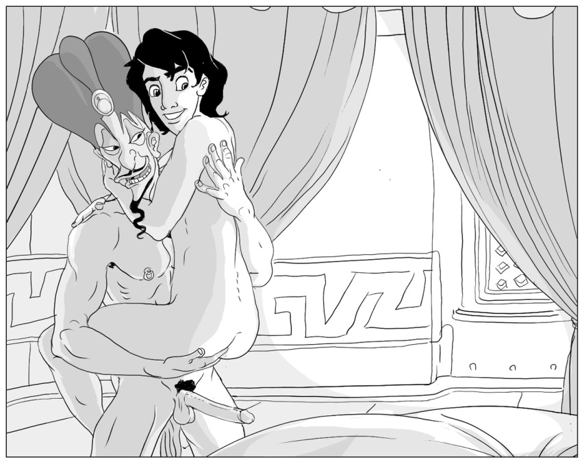 2boys aladdin aladdin_(character) ass balls biceps disney disney_prince disney_villains erection furronika gay jafar male male_only monochrome multiple_males muscles nipple_piercing nude penis piercing pubic_hair smile standing_postion testicles yaoi