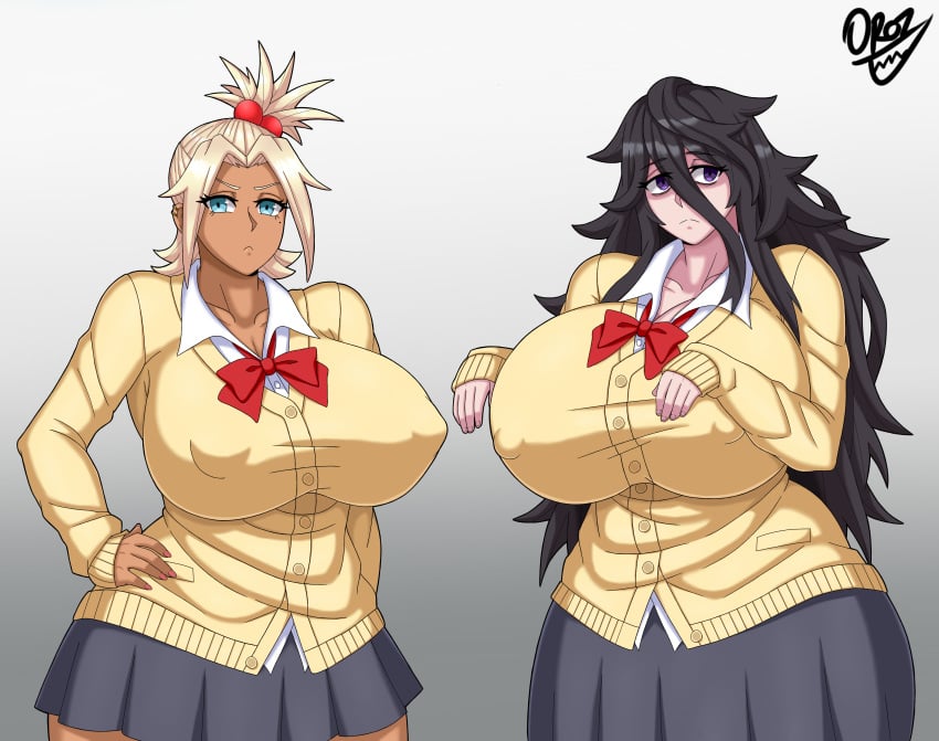 2girls big_breasts black_hair blonde_hair dark-skinned_female female female_only goth gyaru hi_res huge_breasts kimiko_(oroz-kun) large_breasts light-skinned_female nipple_bulge oroz-kun razmia_(oroz-kun) school_uniform voluptuous