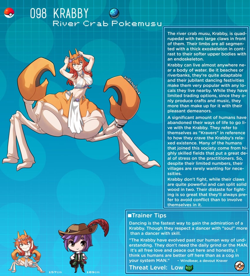 1boy 1boy1girl 1girls big_breasts crab creature_index english_text hi_res humanoid kinkymation krabby loincloth nintendo page_98 page_number pokémon_(species) pokemon pokemon-girl_encyclopedia pokemorph pokemusu profile text text_box