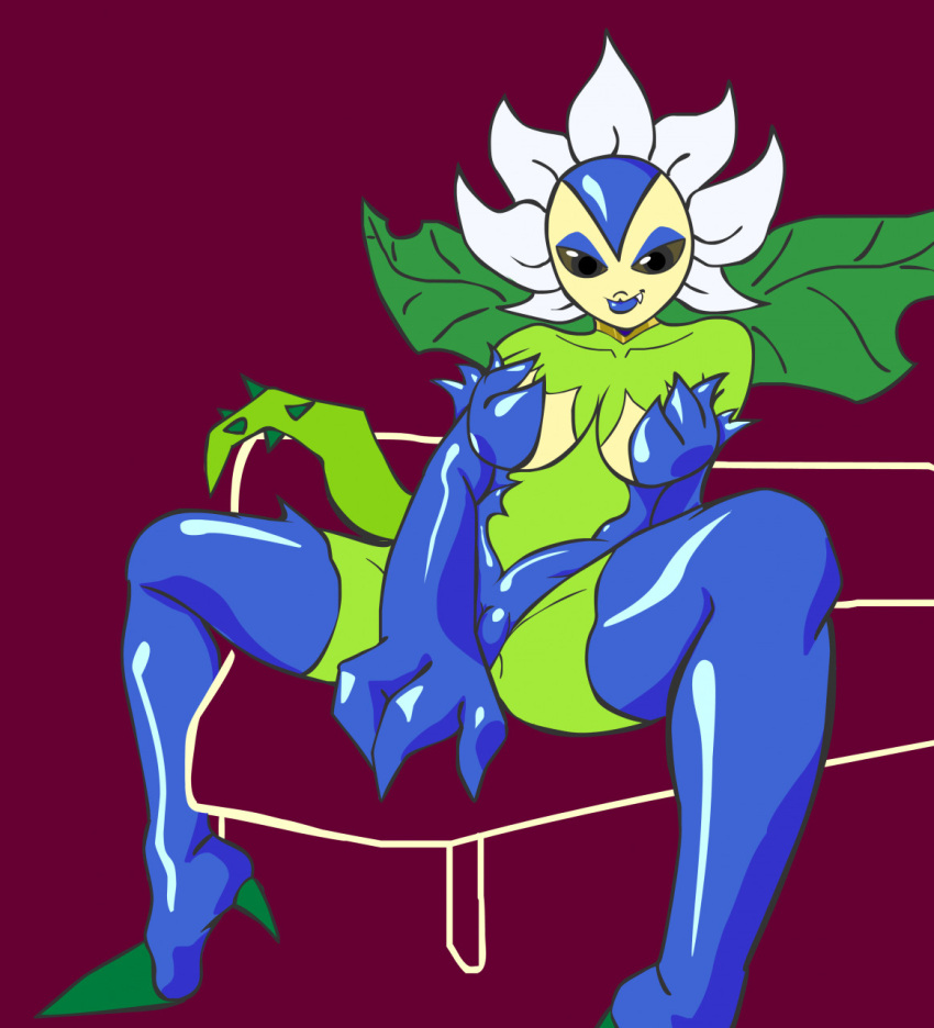 anonymous_artist anthro bandai_namco bedroom_eyes big_breasts breasts cameltoe clothed clothing curvy_figure cute_fangs digimon digimon_(species) digital_drawing_(artwork) digital_media_(artwork) elemental_creature elemental_humanoid female flora_fauna flower hi_res humanoid looking_at_viewer narrowed_eyes not_furry plant plant_humanoid seductive simple_background sitting smile solo spread_legs spreading sunflower sunflowmon tagme thick_thighs voluptuous wide_hips