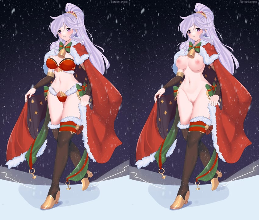 1girls alternate_costume bare_midriff bare_thighs bell breasts cape christmas christmas_outfit cleavage commission cosplay detectiveneko female female_only fire_emblem fire_emblem:_genealogy_of_the_holy_war fire_emblem_heroes high_heels hourglass_figure ishtar_(fire_emblem) large_breasts long_hair looking_at_viewer naked_cape naked_stockings nintendo nipples nude nude_female panties ponytail purple_eyes purple_hair pussy red_panties smile snow solo stockings tharja_(fire_emblem)_(cosplay) thighhighs thighs