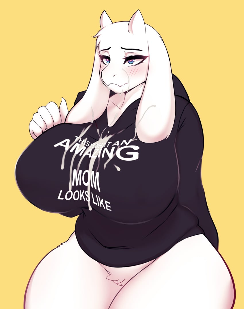 1girls anthro big_breasts blue_eyes blush breasts cum cum_on_breasts cum_on_clothes cum_on_face female furry horns huge_breasts large_penis mature_female milf ownychan solo standing thick_thighs this_is_what_an_amazing_mom_looks_like toriel undertale voluptuous white_fur wide_hips yellow_background