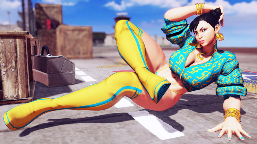 3d boots busty capcom chun-li chun-li_(cover_girl) cleavage crop_top female female_focus female_only g-string hourglass_figure pinup pinup_pose pose posing repinscourge sleeves_rolled_up solo street_fighter street_fighter_v thigh_boots wide_hips