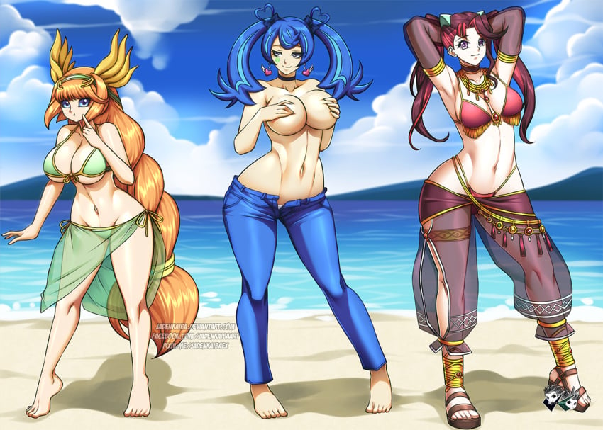 2d 2d_(artwork) 3girls beach belly_dancer belly_dancer_outfit big_breasts blue_angel blue_eyes blue_hair braided_hair breasts covering_breasts covering_self dancer_outfit deviantart_username facebook_username female female_only gullveig_of_the_nordic_ascendant hands_behind_head hands_on_own_breasts harem harem_girl harem_outfit harem_pants jadenkaiba jeans large_breasts multiple_girls orange_hair pixiv pixiv_username public_topless ray_(yuu-gi-ou_arc-v) ray_akaba sarong seaside thick_thighs thighs thong topless topless_female twintails voluptuous yu-gi-oh! yu-gi-oh!_arc-v zaizen_aoi