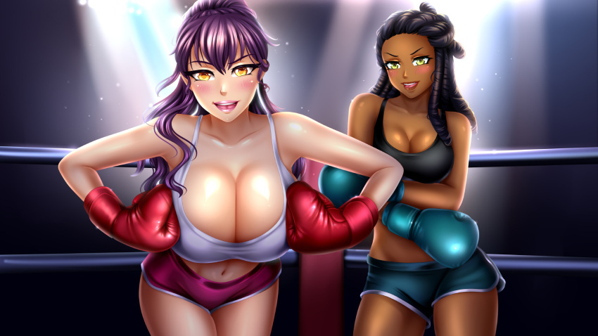 2girls alexis_(fap_ceo) arena bare_midriff bare_shoulders big_breasts black_hair black_sports_bra blush booty_shorts boxing boxing_gloves boxing_ring breasts brown_lips chocolate_and_vanilla cleavage dark-skinned_female dark_skin duo dupladeumso fap_ceo female female_only fighting_ring gloves hair_between_eyes human human_only light-skinned_female light_skin lipstick lipstick_mark long_hair looking_at_viewer midriff multiple_girls open_mouth pink_lipstick pink_shorts purple_hair red_boxing_gloves red_gloves shiny_hair shorts sports_bra sports_shorts sportswear teal_boxing_gloves teal_gloves thick_thighs white_sports_bra wide_hips yellow_eyes zoe_(fap_ceo)