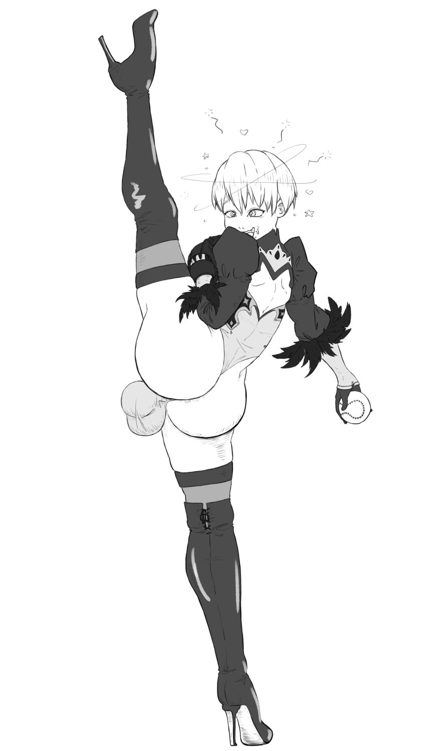 1boy ass backless_leotard backsack balls baseball_(ball) big_ass big_balls clothing crossdressing crossplay dizzy femboy girly high_heel_boots high_heels huge_ass leotard light-skinned_male light_skin luckyluckyluckypenny male male_only monochrome nier:_automata nier_(series) pitching solo stockings trap white_background white_hair yorha_2b_(cosplay) yorha_9s