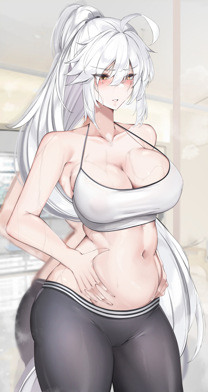 1girls 2020 absurdres ahoge bangs bannou_ippoutsukou belly_grab blush breasts cameltoe cleavage curvy eyebrows_visible_through_hair fate/grand_order fate_(series) female female_focus female_only hair_between_eyes halterneck hands_on_own_stomach high_ponytail highres jeanne_alter jeanne_d'arc jeanne_d'arc_(alter) large_breasts leggings long_hair navel pale_skin parted_lips plump silver_hair solo solo_female sports_bra sportswear sweat very_long_hair white_sports_bra yellow_eyes